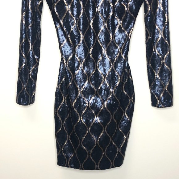 Dress The Population Lola Long Sleeve Mini Bodycon Dress, Blue Gold, Women XS - Picture 5 of 10